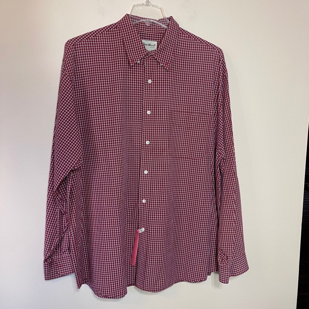 Eddie Bauer Mens‎ XXL Burgundy White Micro Check Cotton Button Down Shirt L/S